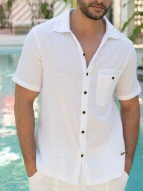 Blanco By Nature Lino White Cotton Short Sleeve Button Down Shirt Mens Large
